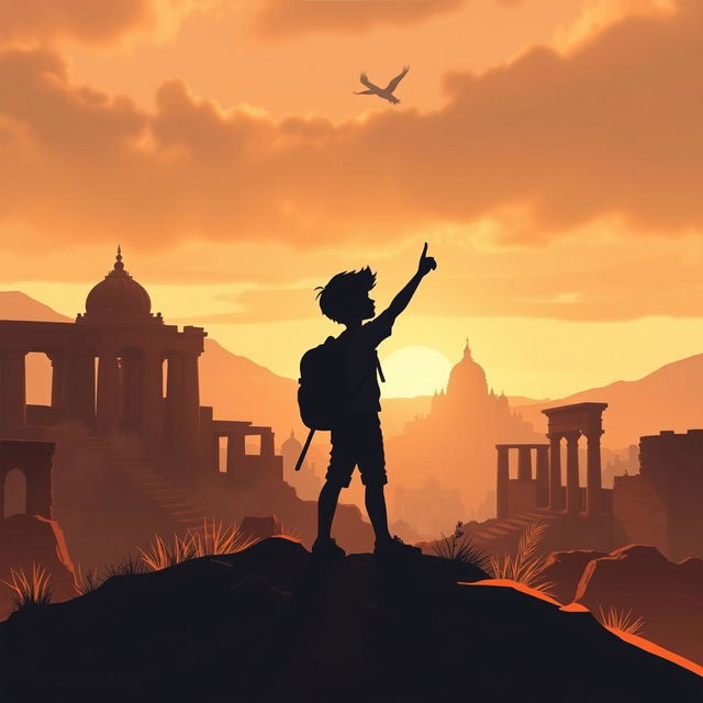 A captivating book cover design illustrating a young silhouette adventurer exploring a historical landscape, surrounded by ancient ruins or landmarks