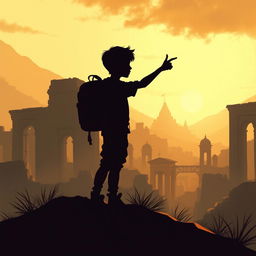 A captivating book cover design illustrating a young silhouette adventurer exploring a historical landscape, surrounded by ancient ruins or landmarks