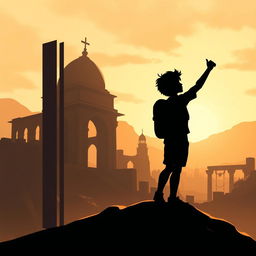 A captivating book cover design illustrating a young silhouette adventurer exploring a historical landscape, surrounded by ancient ruins or landmarks