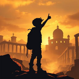 A captivating book cover design illustrating a young silhouette adventurer exploring a historical landscape, surrounded by ancient ruins or landmarks