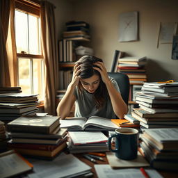 A woman trapped in her room, surrounded by books and study materials, but unable to focus or get started on her studying