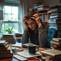 A woman trapped in her room, surrounded by books and study materials, but unable to focus or get started on her studying