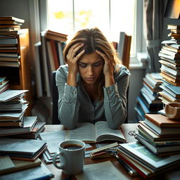 A woman trapped in her room, surrounded by books and study materials, but unable to focus or get started on her studying