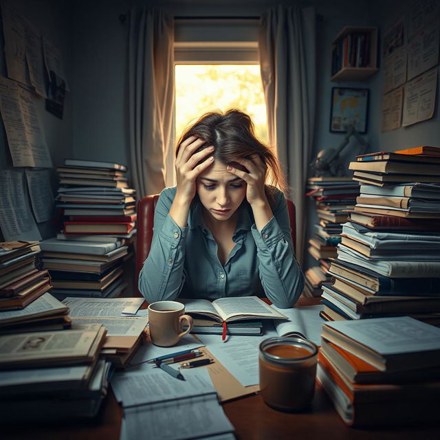 A woman trapped in her room, surrounded by books and study materials, but unable to focus or get started on her studying