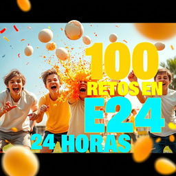An exciting and eye-catching scene featuring a group of teenage boys participating in fun challenges with exploding eggs as a central theme