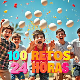 An exciting and eye-catching scene featuring a group of teenage boys participating in fun challenges with exploding eggs as a central theme