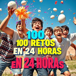 An exciting and eye-catching scene featuring a group of teenage boys participating in fun challenges with exploding eggs as a central theme