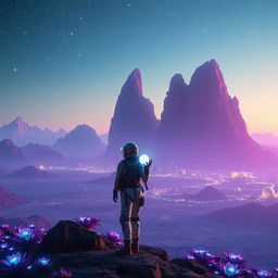 A mystical explorer standing on the edge of a vast, alien landscape under a starry sky