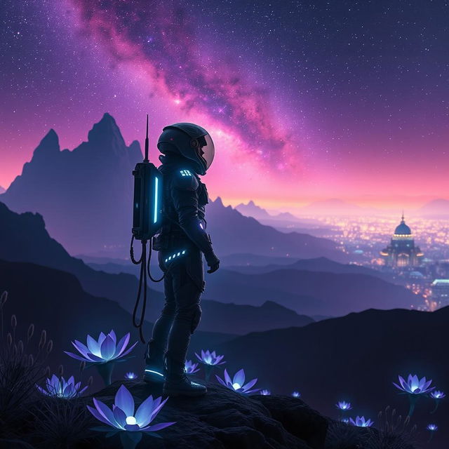 A mystical explorer standing on the edge of a vast, alien landscape under a starry sky