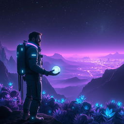A mystical explorer standing on the edge of a vast, alien landscape under a starry sky