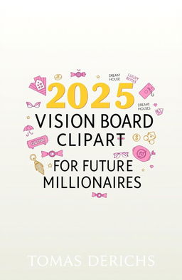 A vibrant and eye-catching book cover design for an Amazon Kindle ebook titled "2025 VISION BOARD CLIPART BOOK FOR FUTURE MILLIONAIRES" by author "TOMAS DERICHS"