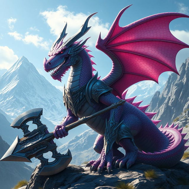 A hyper-realistic dragon character depicted in a fantasy art style, set against a majestic mountain backdrop