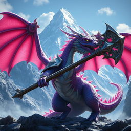 A hyper-realistic dragon character depicted in a fantasy art style, set against a majestic mountain backdrop