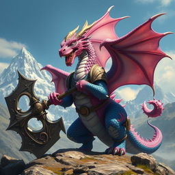 A hyper-realistic dragon character depicted in a fantasy art style, set against a majestic mountain backdrop