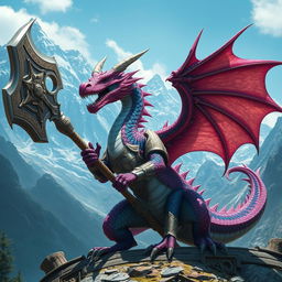 A hyper-realistic dragon character depicted in a fantasy art style, set against a majestic mountain backdrop