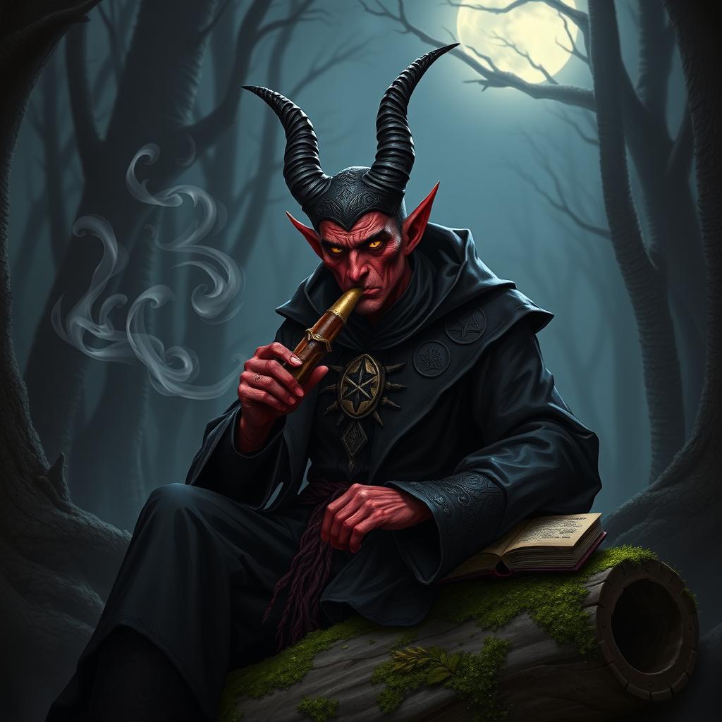 A male tiefling warlock with deep crimson skin and elegant horns protruding from his forehead, dressed in intricate dark robes adorned with mystical symbols