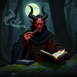 A male tiefling warlock with deep crimson skin and elegant horns protruding from his forehead, dressed in intricate dark robes adorned with mystical symbols