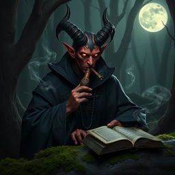 A male tiefling warlock with deep crimson skin and elegant horns protruding from his forehead, dressed in intricate dark robes adorned with mystical symbols