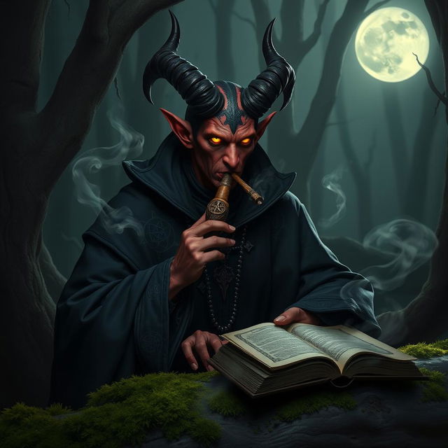 A male tiefling warlock with deep crimson skin and elegant horns protruding from his forehead, dressed in intricate dark robes adorned with mystical symbols