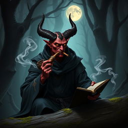 A male tiefling warlock with deep crimson skin and elegant horns protruding from his forehead, dressed in intricate dark robes adorned with mystical symbols