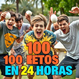 A thrilling scene showcasing a group of male teenagers energetically participating in fun challenges, specifically focusing on exploding eggs as a key element of their activities