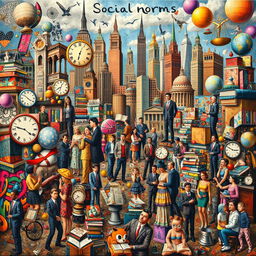 A vibrant and chaotic maximalist art piece exploring the theme of social norms