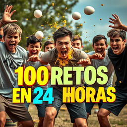 A thrilling scene showcasing a group of male teenagers energetically participating in fun challenges, specifically focusing on exploding eggs as a key element of their activities
