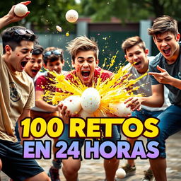 A thrilling scene showcasing a group of male teenagers energetically participating in fun challenges, specifically focusing on exploding eggs as a key element of their activities