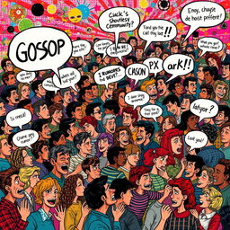 A vibrant and chaotic maximalist artwork that visually represents the concept of gossip
