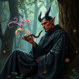 A handsome male tiefling warlock with striking features, including curved horns and vibrant skin tone, sitting in a mystical forest