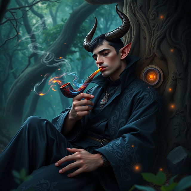 A handsome male tiefling warlock with striking features, including curved horns and vibrant skin tone, sitting in a mystical forest