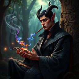 A handsome male tiefling warlock with striking features, including curved horns and vibrant skin tone, sitting in a mystical forest
