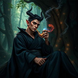 A handsome male tiefling warlock with striking features, including curved horns and vibrant skin tone, sitting in a mystical forest