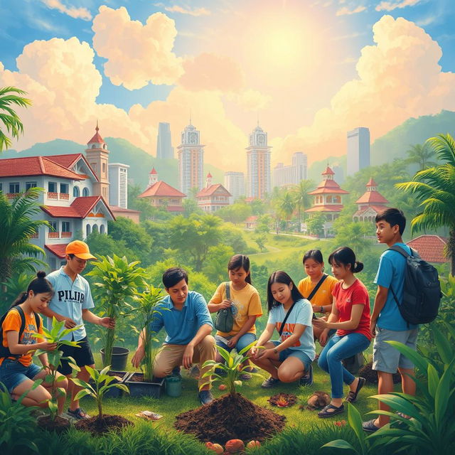 A vibrant and inspiring scene depicting Filipino youth actively participating in community development, showcasing a mix of traditional and modern elements