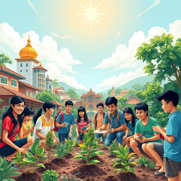 A vibrant and inspiring scene depicting Filipino youth actively participating in community development, showcasing a mix of traditional and modern elements