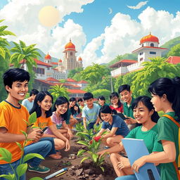 A vibrant and inspiring scene depicting Filipino youth actively participating in community development, showcasing a mix of traditional and modern elements