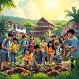 A vibrant and inspiring scene depicting Filipino youth actively participating in community development, showcasing a mix of traditional and modern elements