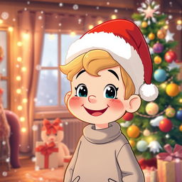A cozy winter scene featuring a charming character with a big smile, wearing a festive Christmas hat