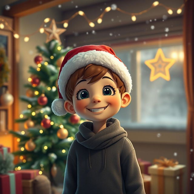 A cozy winter scene featuring a charming character with a big smile, wearing a festive Christmas hat