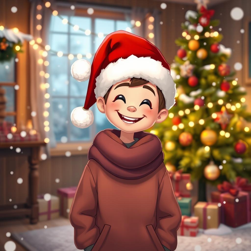 A cozy winter scene featuring a charming character with a big smile, wearing a festive Christmas hat