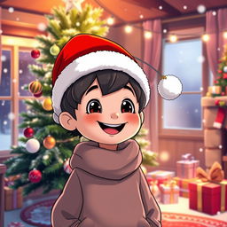 A cozy winter scene featuring a charming character with a big smile, wearing a festive Christmas hat