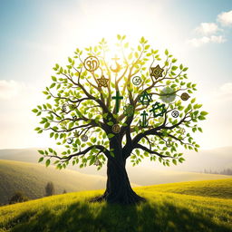 A beautiful and intricate tree symbolizing interfaith, with its branches displaying the symbols of major religions such as Christianity (cross), Islam (crescent and star), Hinduism (Om), Buddhism (Dharma wheel), Judaism (Star of David), and others artistically intertwined among vibrant green leaves