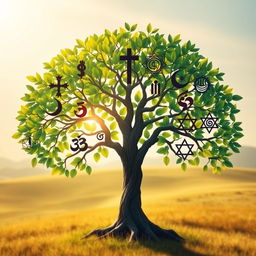 A beautiful and intricate tree symbolizing interfaith, with its branches displaying the symbols of major religions such as Christianity (cross), Islam (crescent and star), Hinduism (Om), Buddhism (Dharma wheel), Judaism (Star of David), and others artistically intertwined among vibrant green leaves