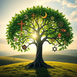 A beautiful and intricate tree symbolizing interfaith, with its branches displaying the symbols of major religions such as Christianity (cross), Islam (crescent and star), Hinduism (Om), Buddhism (Dharma wheel), Judaism (Star of David), and others artistically intertwined among vibrant green leaves