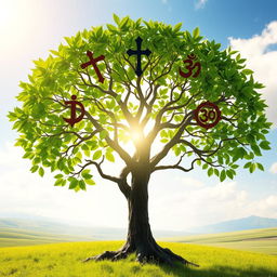 A beautiful and intricate tree symbolizing interfaith, with its branches displaying the symbols of major religions such as Christianity (cross), Islam (crescent and star), Hinduism (Om), Buddhism (Dharma wheel), Judaism (Star of David), and others artistically intertwined among vibrant green leaves