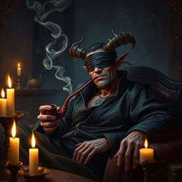 A blindfolded male tiefling warlock with distinct features, including curved horns and unique skin color, lounging comfortably in a mysterious, dimly lit room filled with arcane symbols and mystical artifacts