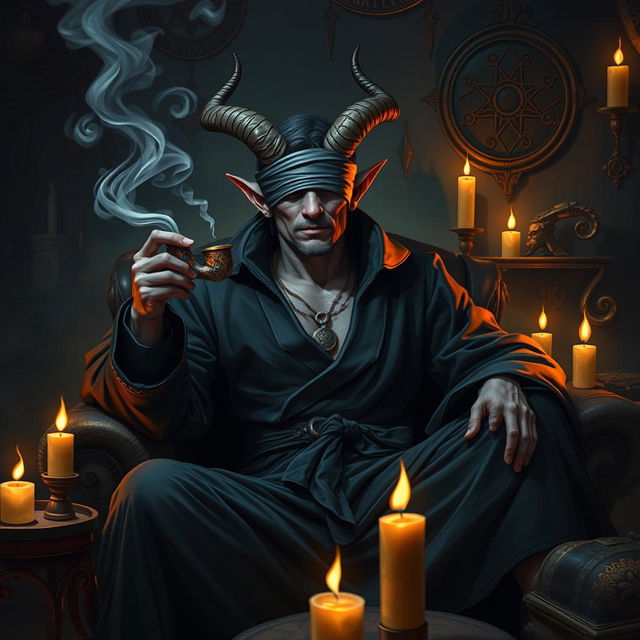 A blindfolded male tiefling warlock with distinct features, including curved horns and unique skin color, lounging comfortably in a mysterious, dimly lit room filled with arcane symbols and mystical artifacts