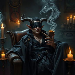 A blindfolded male tiefling warlock with distinct features, including curved horns and unique skin color, lounging comfortably in a mysterious, dimly lit room filled with arcane symbols and mystical artifacts