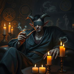 A blindfolded male tiefling warlock with distinct features, including curved horns and unique skin color, lounging comfortably in a mysterious, dimly lit room filled with arcane symbols and mystical artifacts