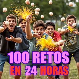 A lively scene depicting a group of male teenagers enthusiastically participating in fun challenges, with exploding eggs as a central activity